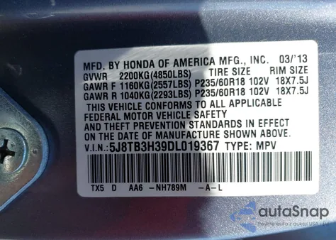 2013 Acura Rdx из США, поврежденный, VIN 5J8TB3H39DL019367